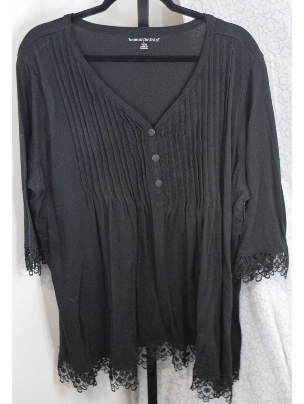 Woman Within Women's Plus L 18/20 Black Pintuck Button Crochet Lace Trim Top